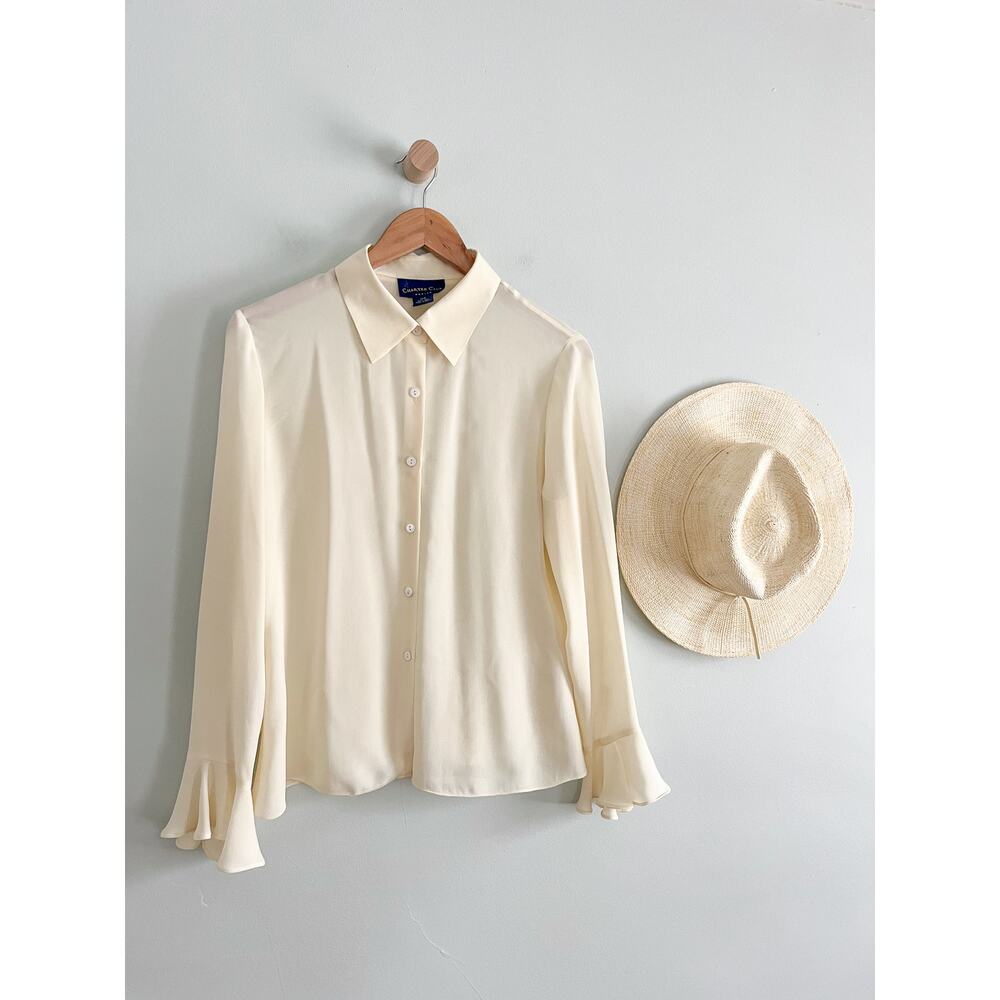 Charter Club Feminine Cream Button-Down Blouse with Flared Cuffs.  Silk, 12P